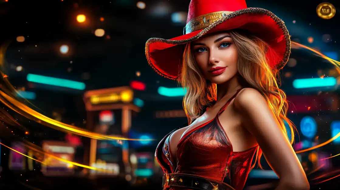 Beautiful blonde woman in red cowboy hat and corset in vibrant casino atmosphere with colorful lights