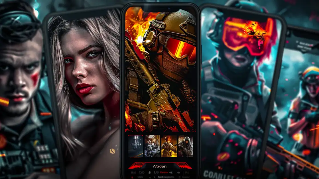 Attractive woman with white hair displaying mobile game featuring armored soldier character