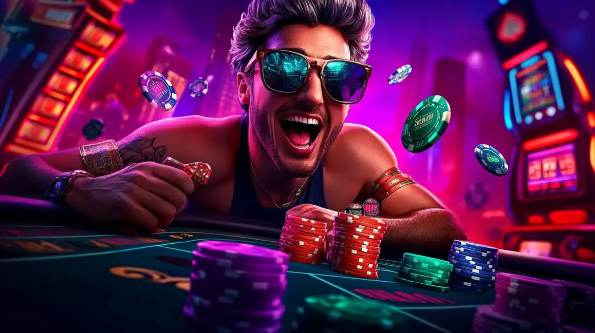 Enthusiastic man in sunglasses celebrating with poker chips and cards at casino table
