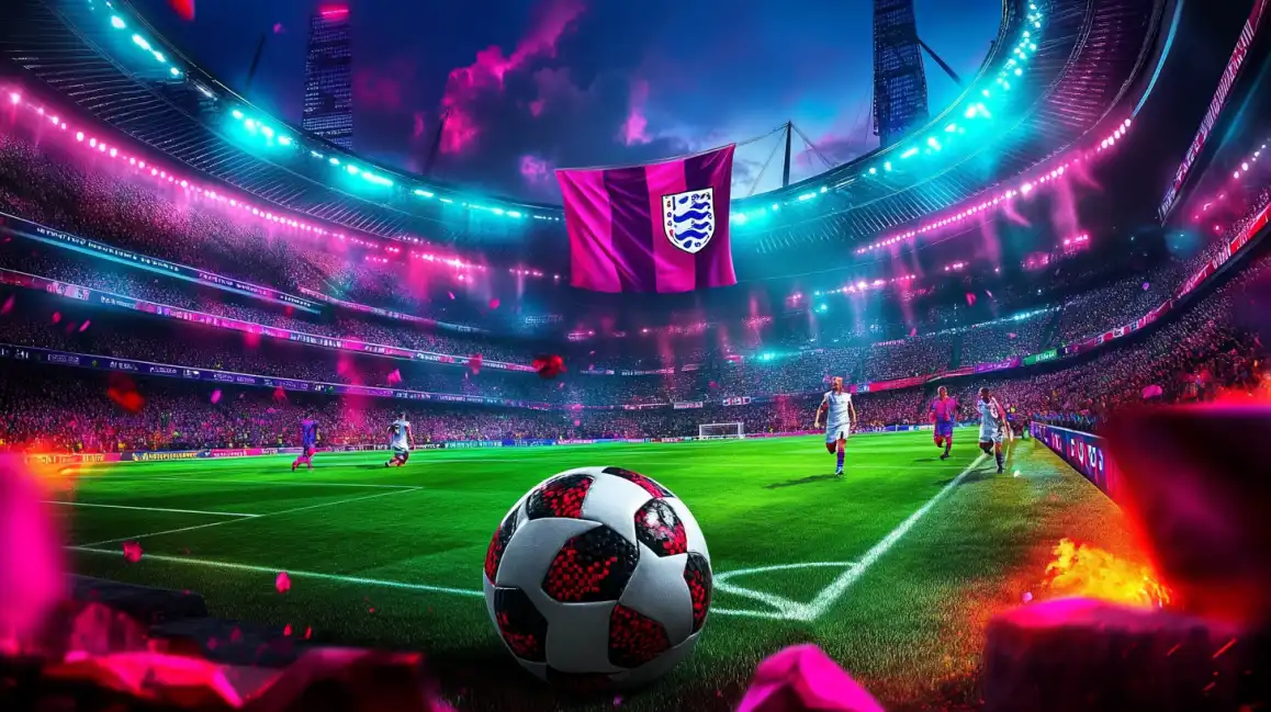 Soccer ball on stadium field with England flag and dramatic purple lighting for sports betting