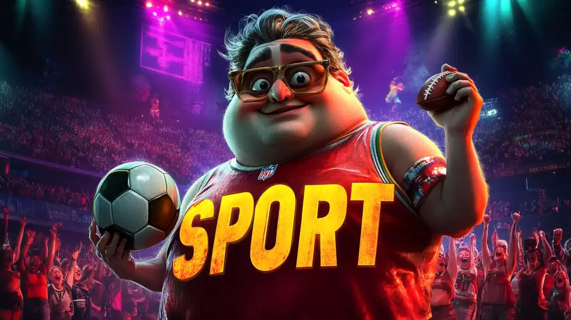 Cartoon sports fan character with glasses holding soccer ball and football in packed stadium